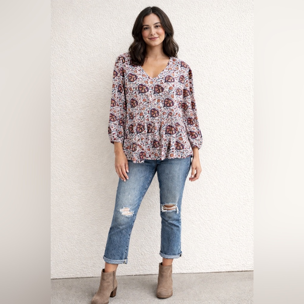 LUCKY BRAND Paisley Floral Tiered Blouse, Size M